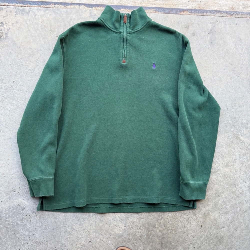 Polo Ralph Lauren Mens XL Quarter Zip Pullover Green Cotton Sweater Purple Pony